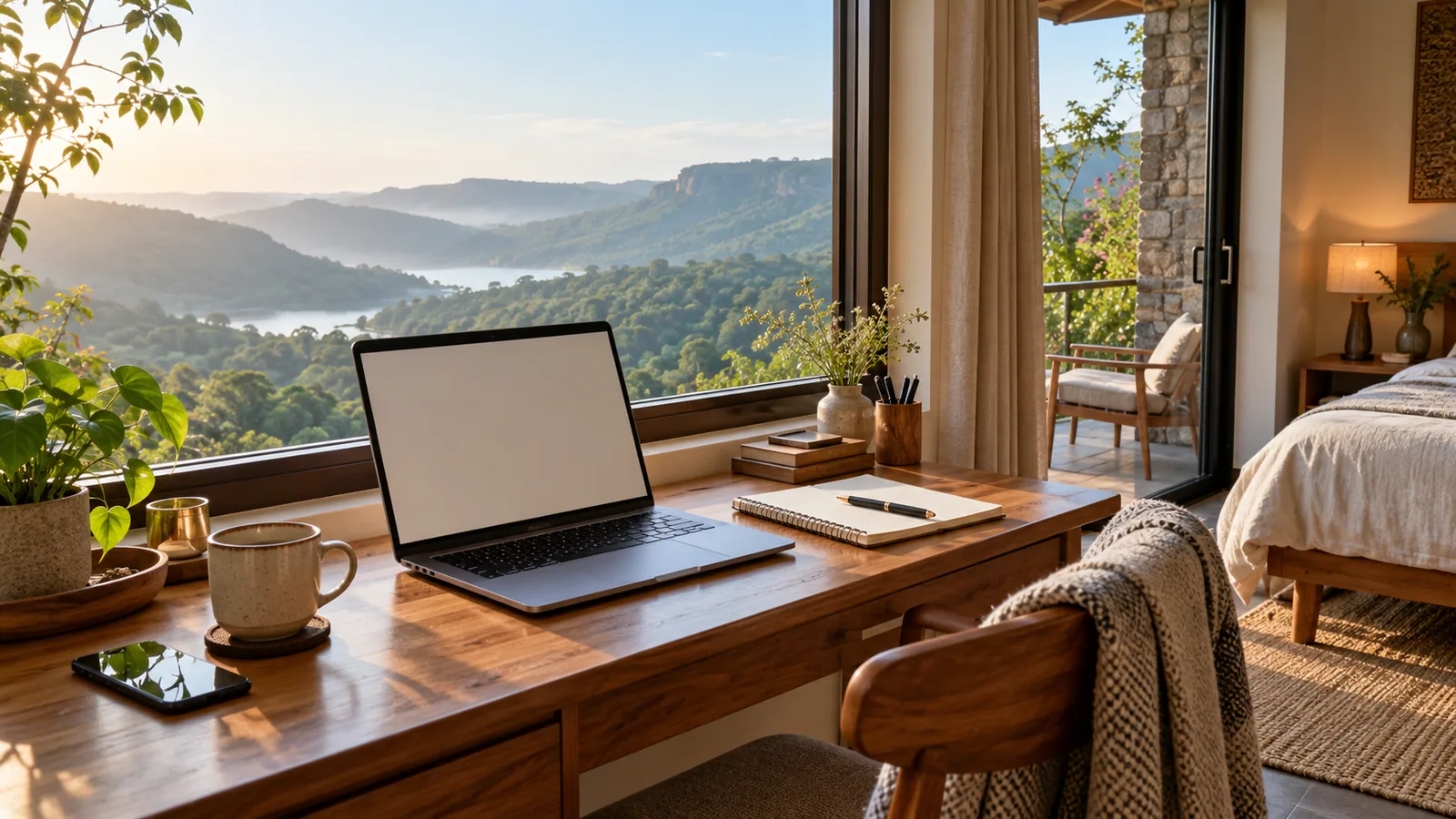 A laptop and notebook beside a window overlooking green hills