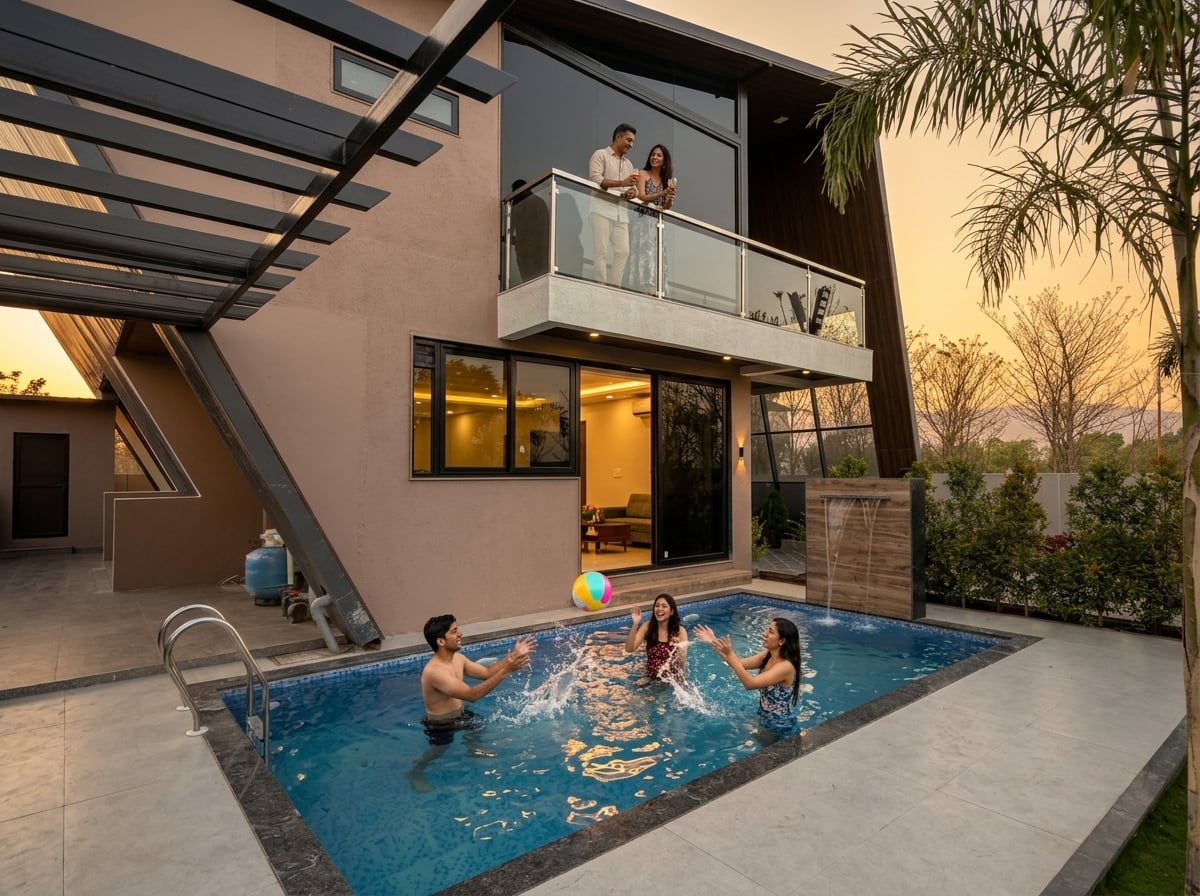 Guests on the upper balcony and friends playing in the private pool at The Angle House